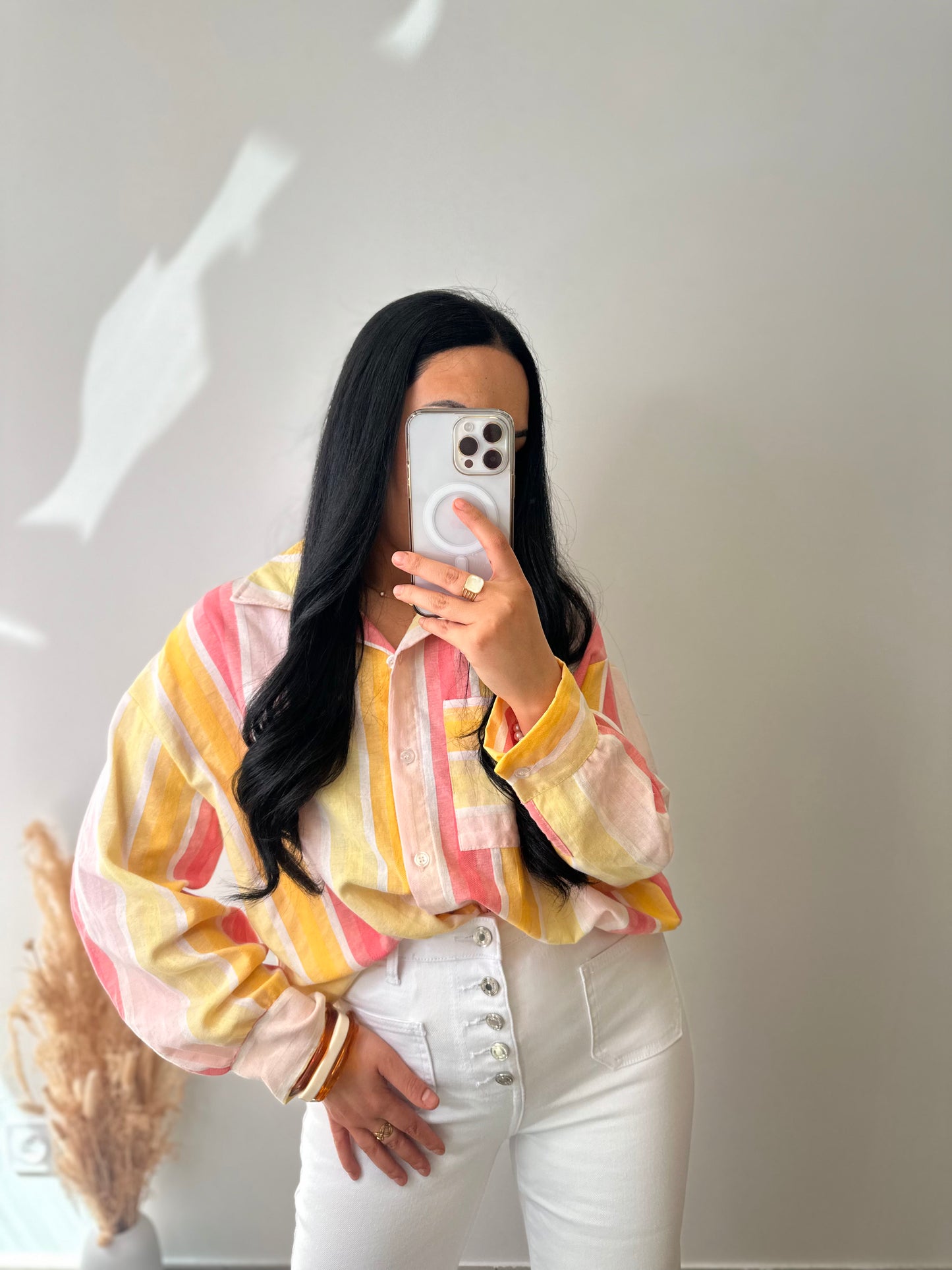 Chemise en coton à rayures colorés orange blanche et rose