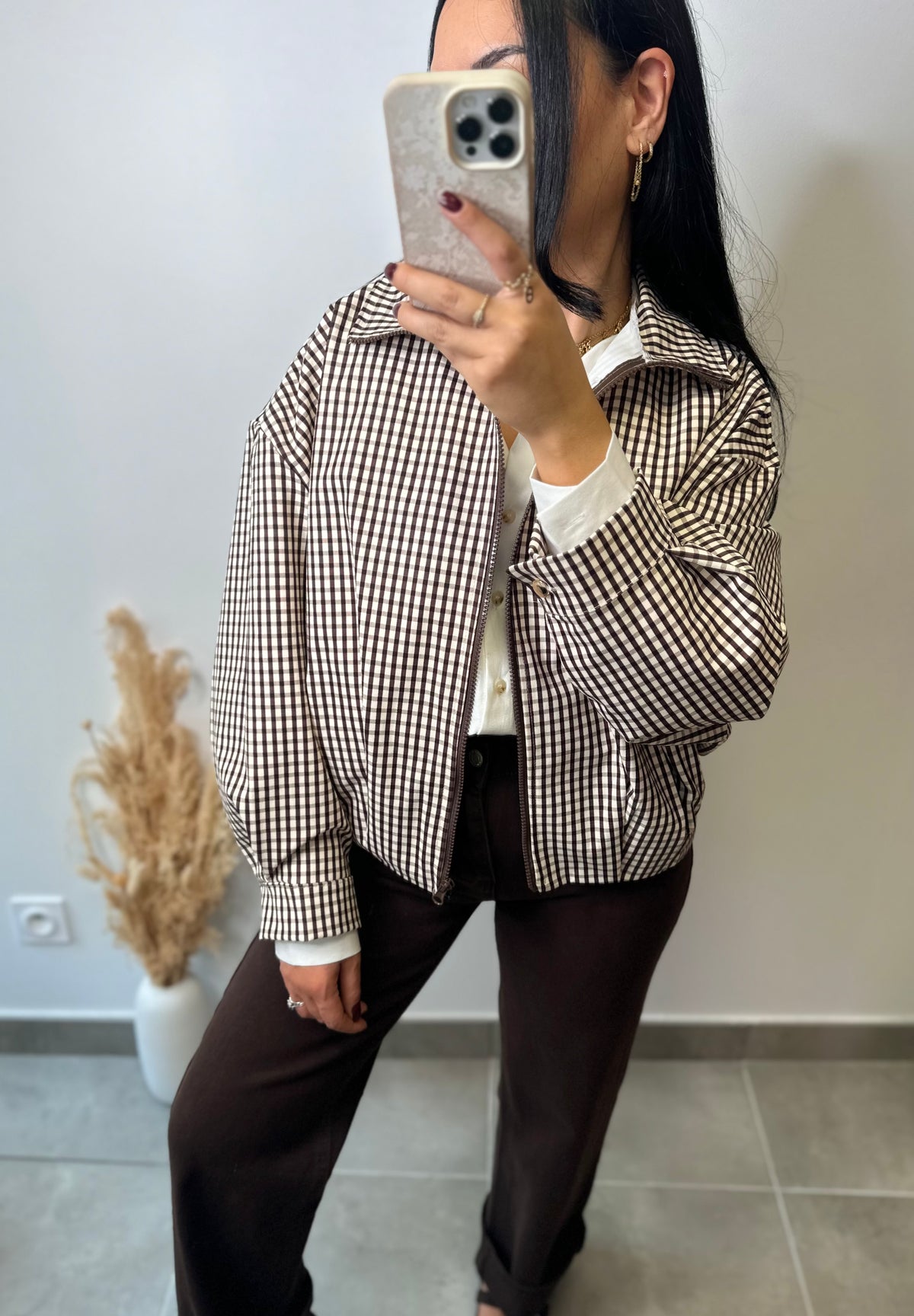 Veste à carreaux beige et marron oversize