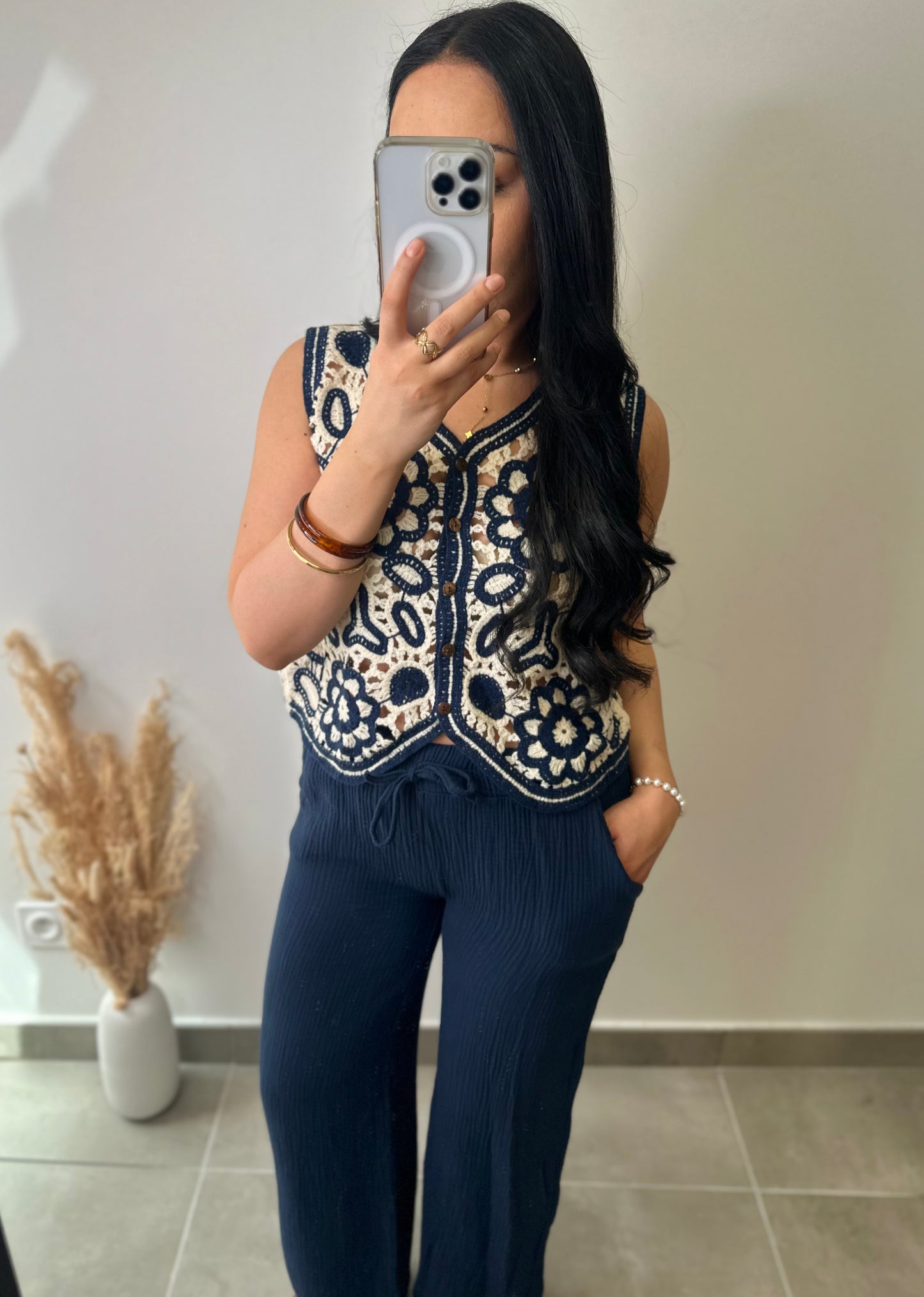 Top à crochets en coton bleu marine