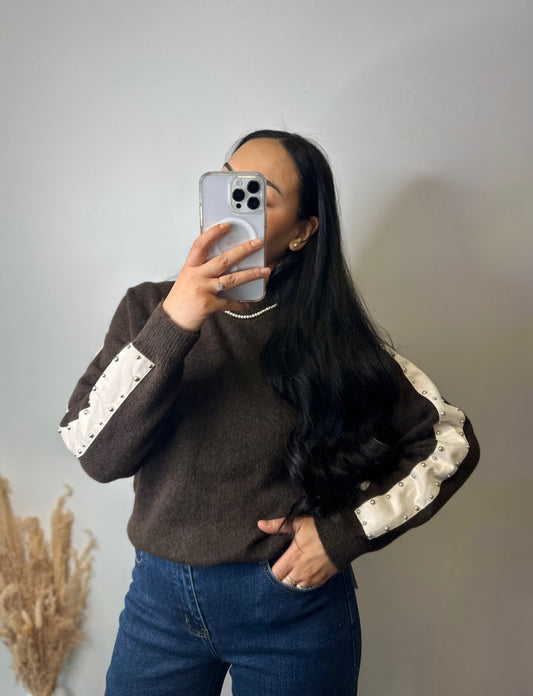 Pull marron manches cloutés - ANNA