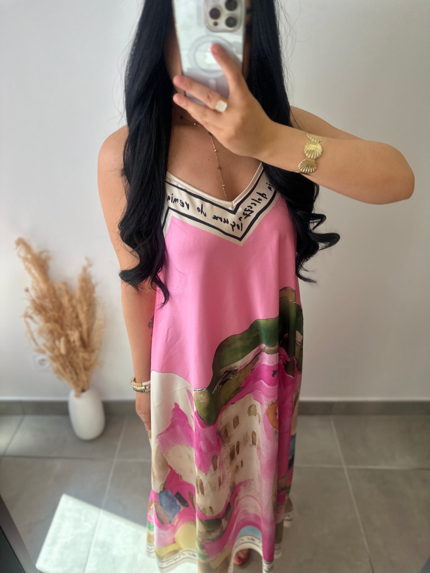 Robe bretelles en viscose motifs aquarelle rose