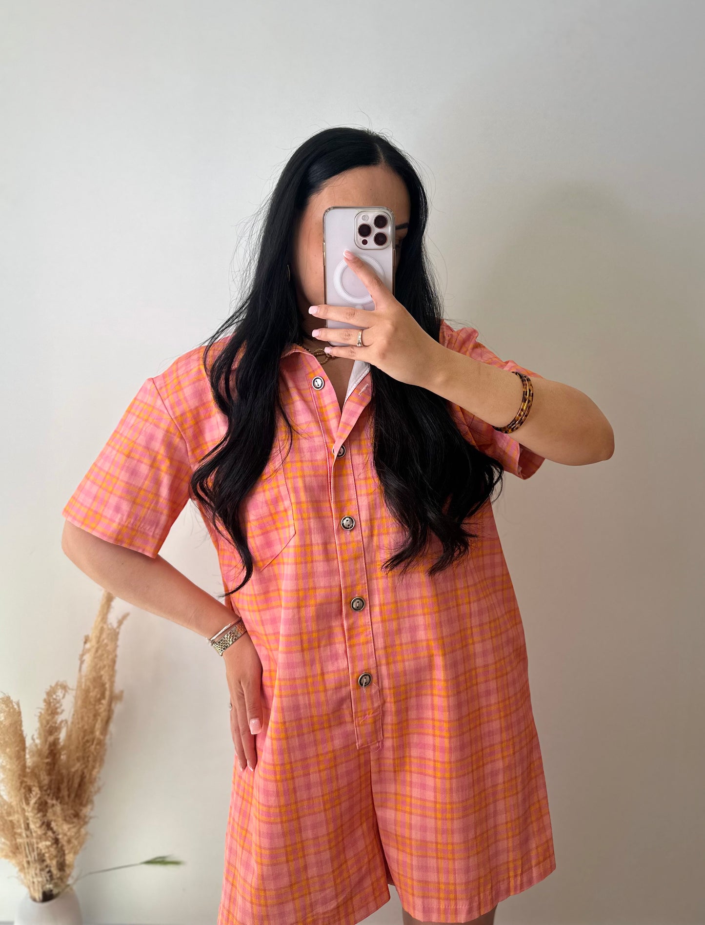 Combi-short à carreaux orange et rose