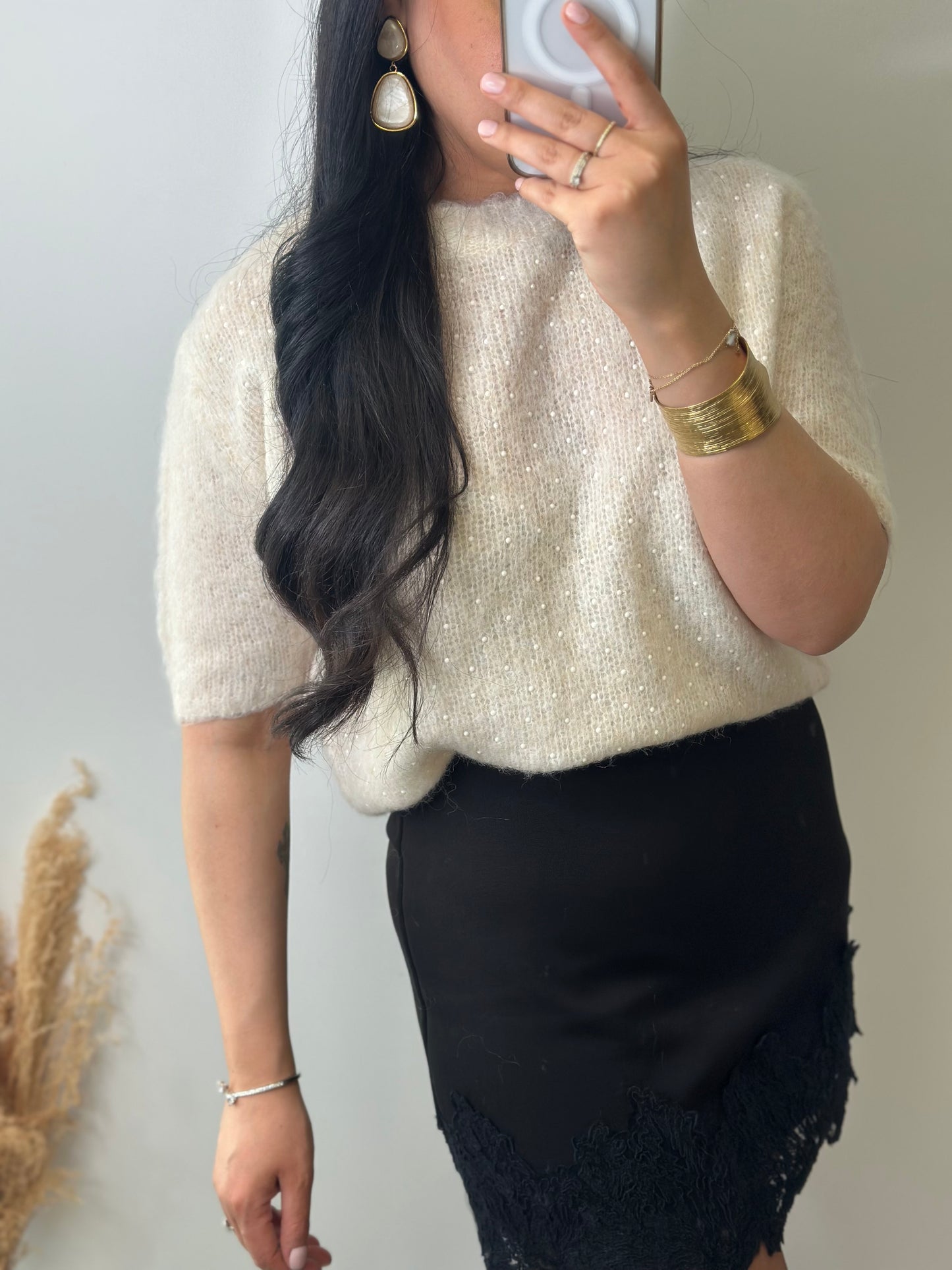 Pull manches courtes beige à perles - ROMANE