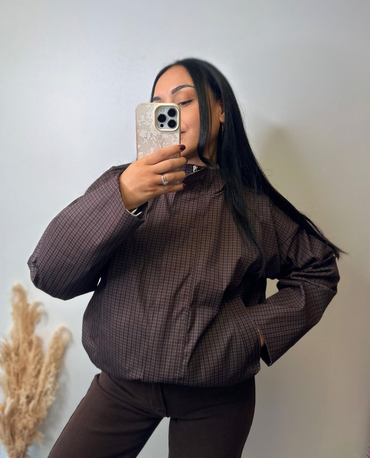 Veste à carreaux chocolat oversize