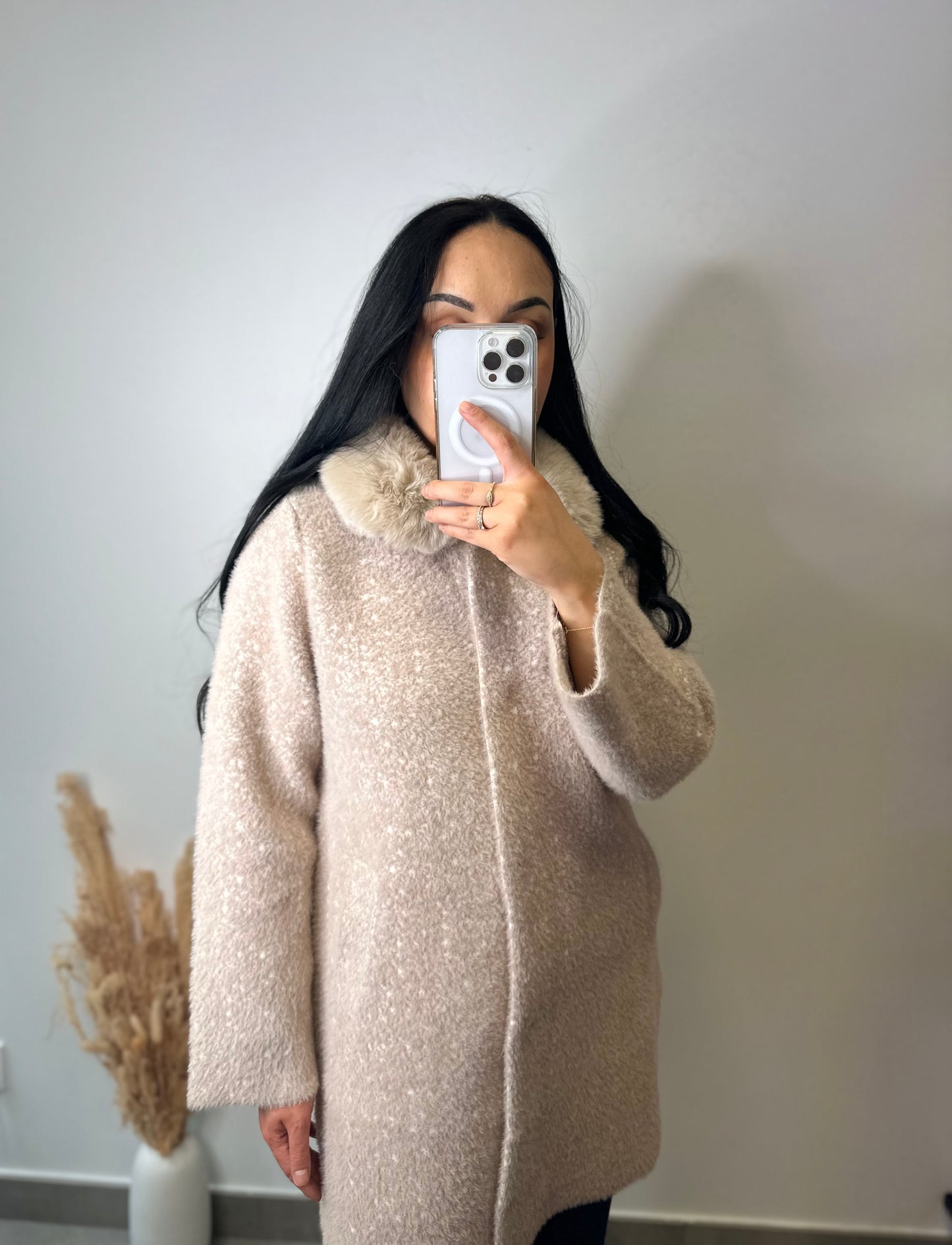 Manteau chiné col fourrure - COLINE