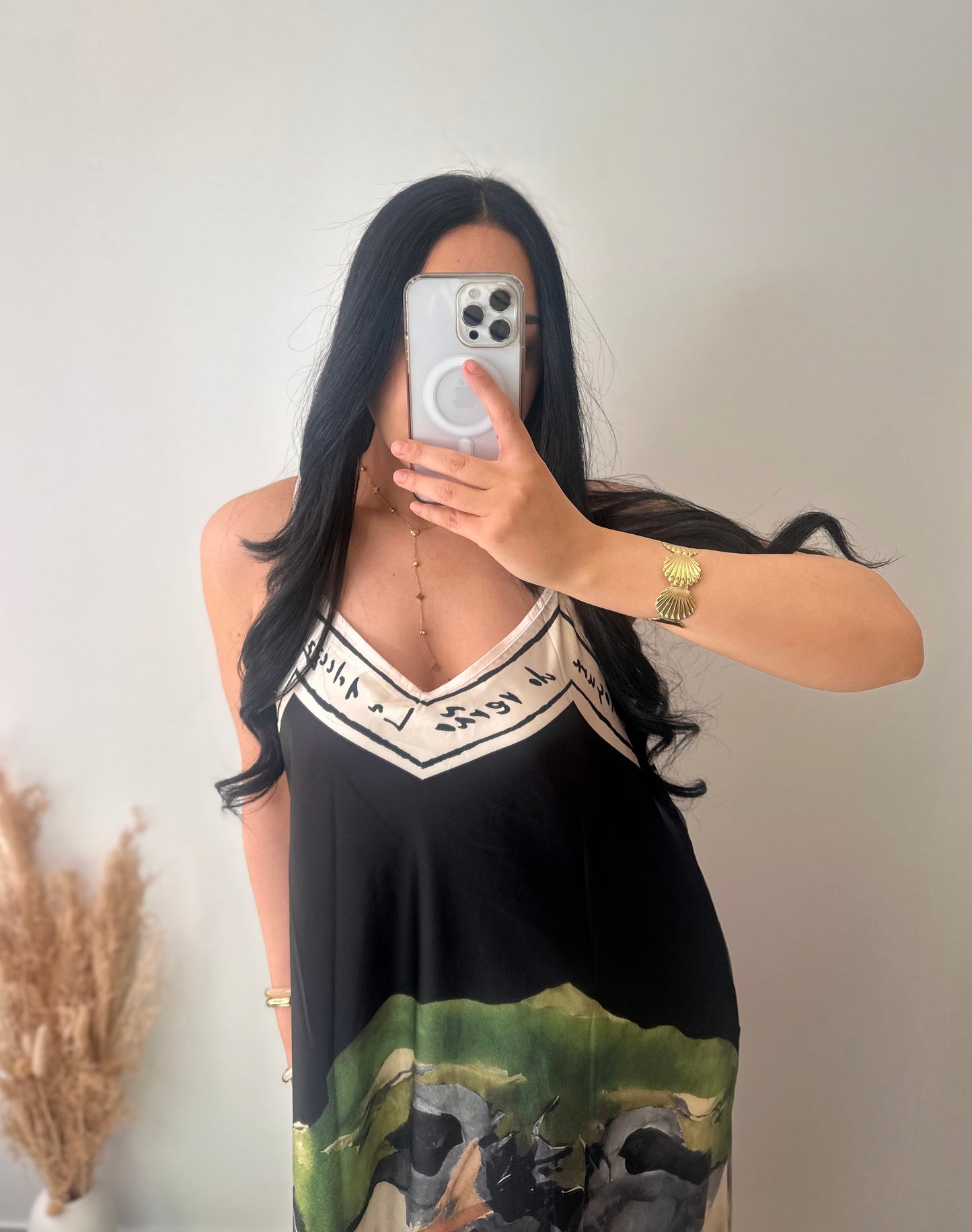 Robe bretelles en viscose motifs aquarelle noire