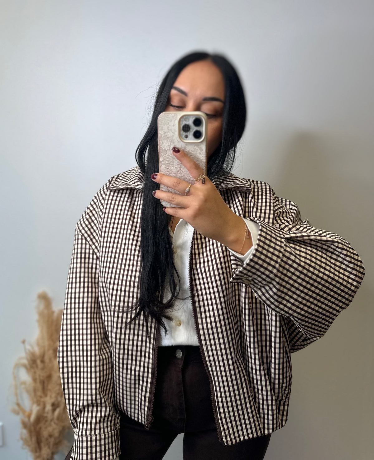 Veste à carreaux beige et marron oversize
