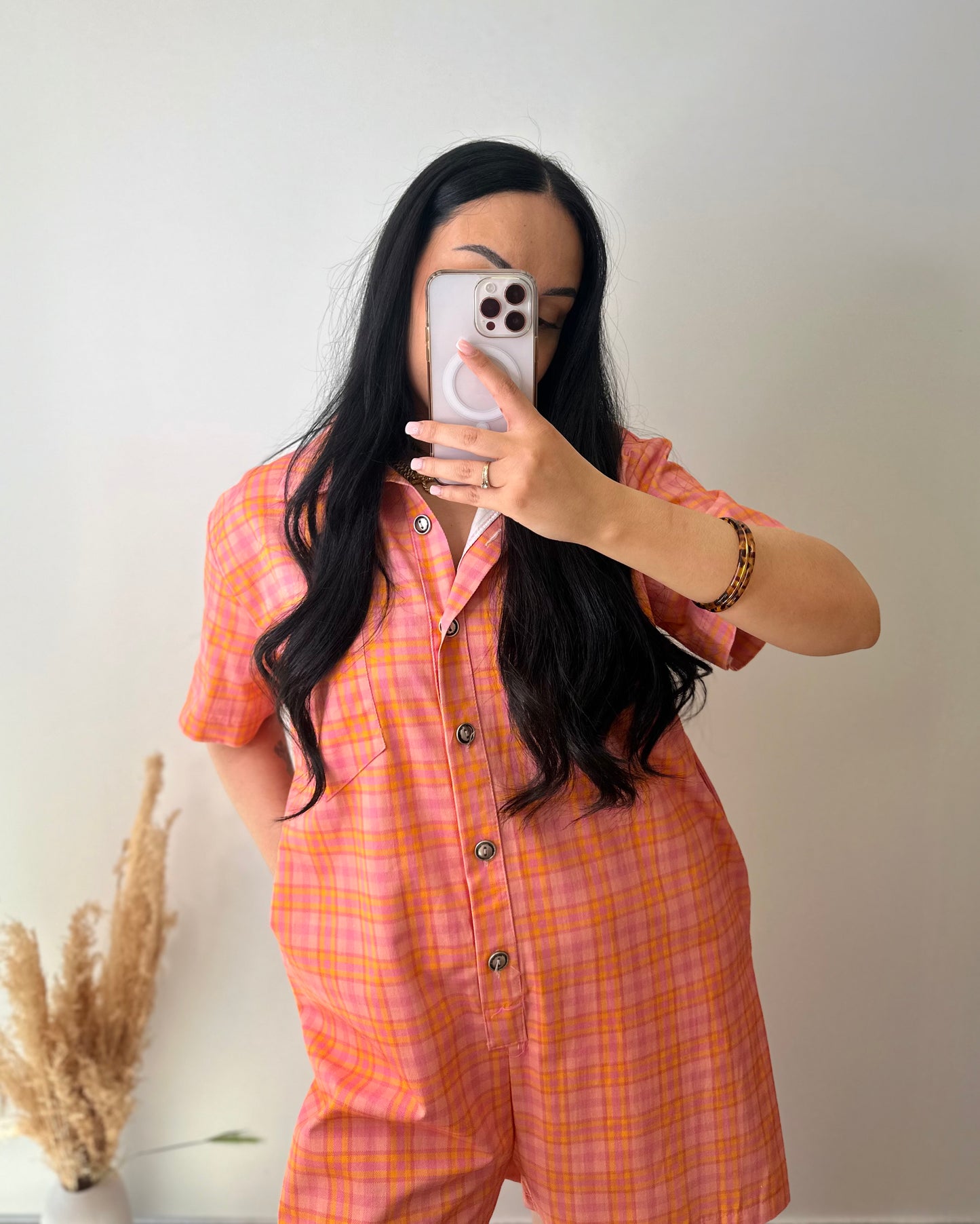 Combi-short à carreaux orange et rose