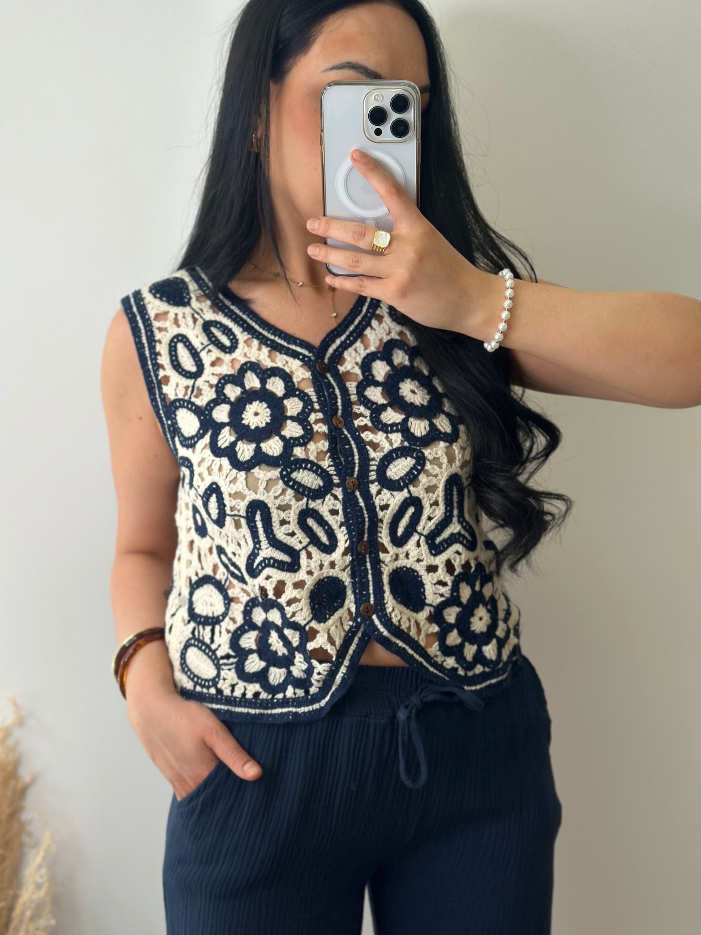 Top à crochets en coton bleu marine