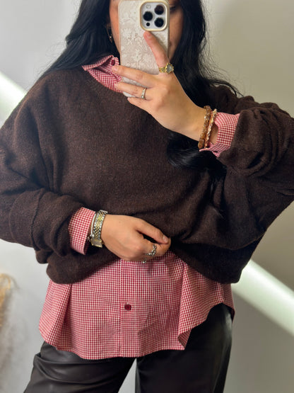Chemise oversize à petits carreaux vichy rouge boutons bordeaux