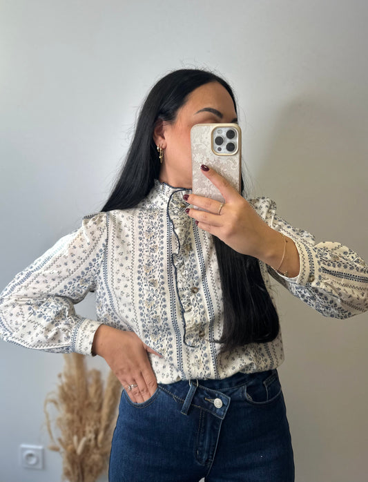 Chemise crème à fleurs bleu marine détails col travaillé