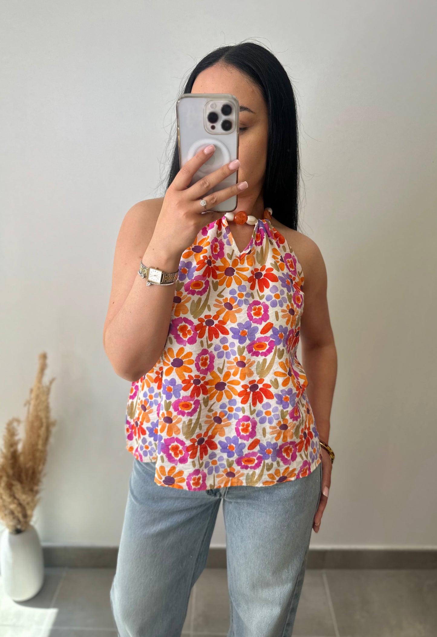 Blouse à motifs à perles attaché au cou
