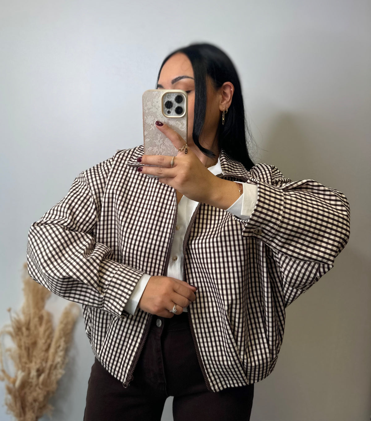 Veste à carreaux beige et marron oversize