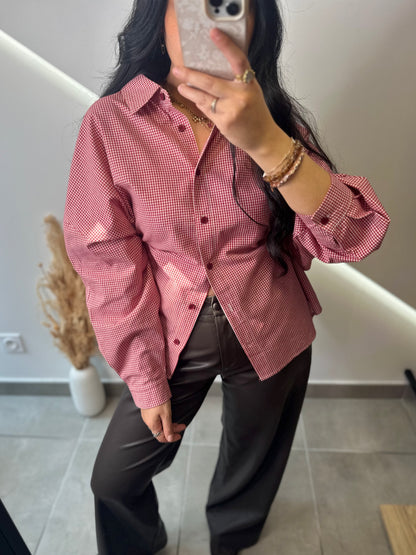 Chemise oversize à petits carreaux vichy rouge boutons bordeaux