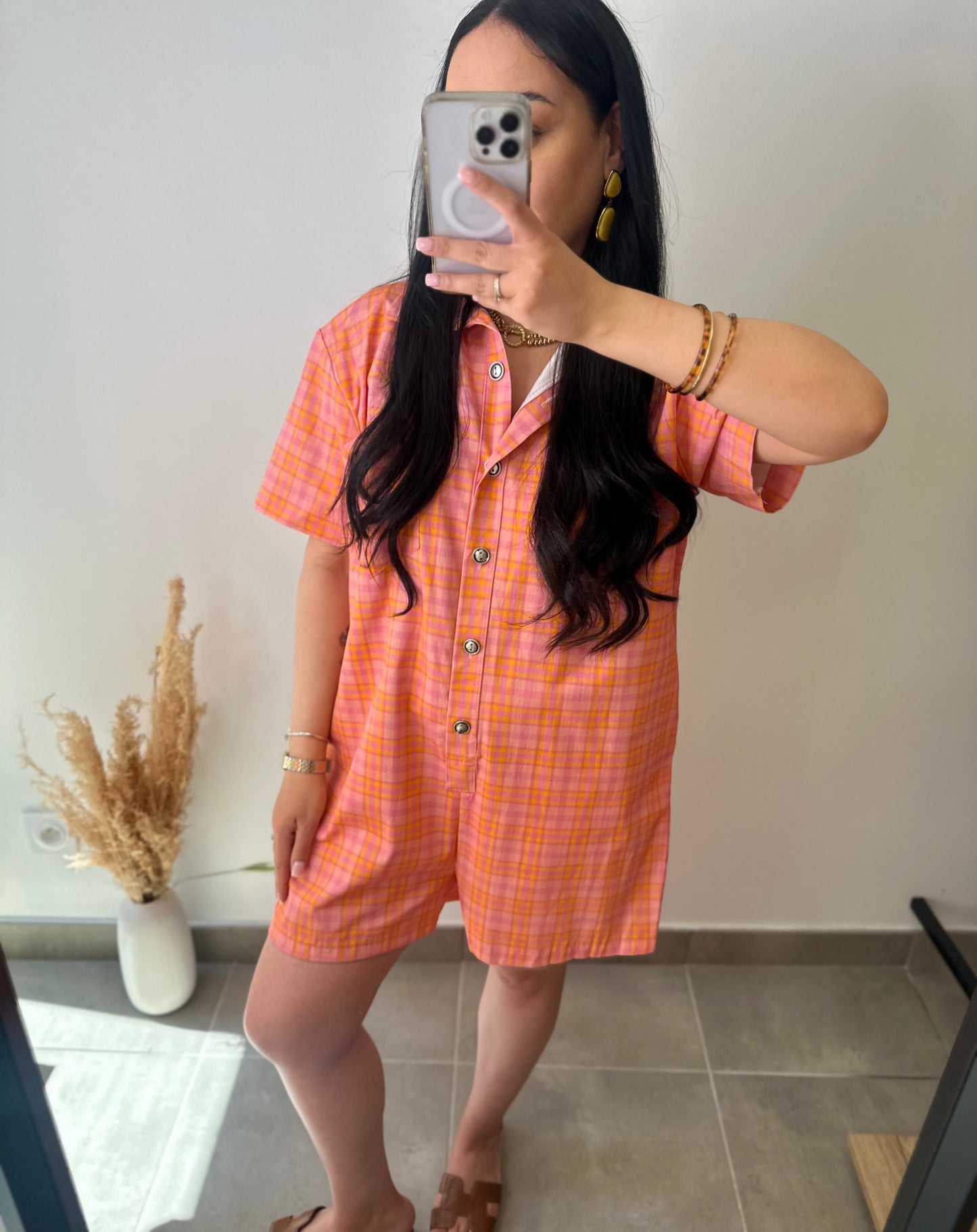 Combi-short à carreaux orange et rose