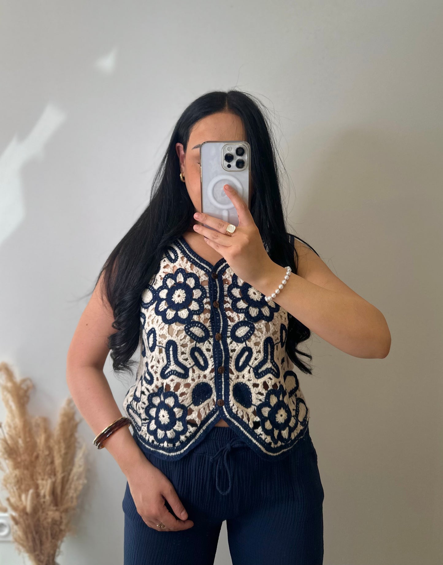 Top à crochets en coton bleu marine