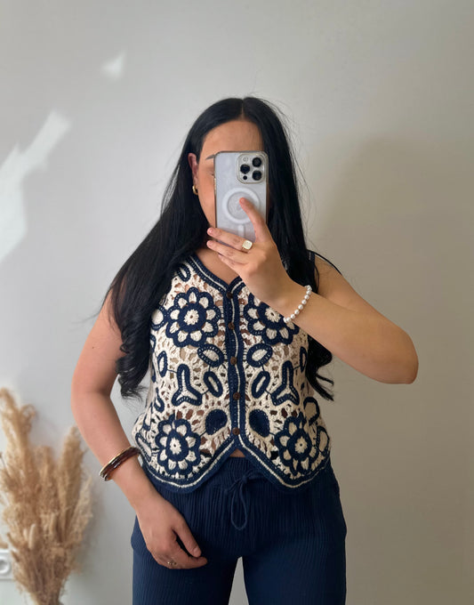 Top à crochets en coton bleu marine