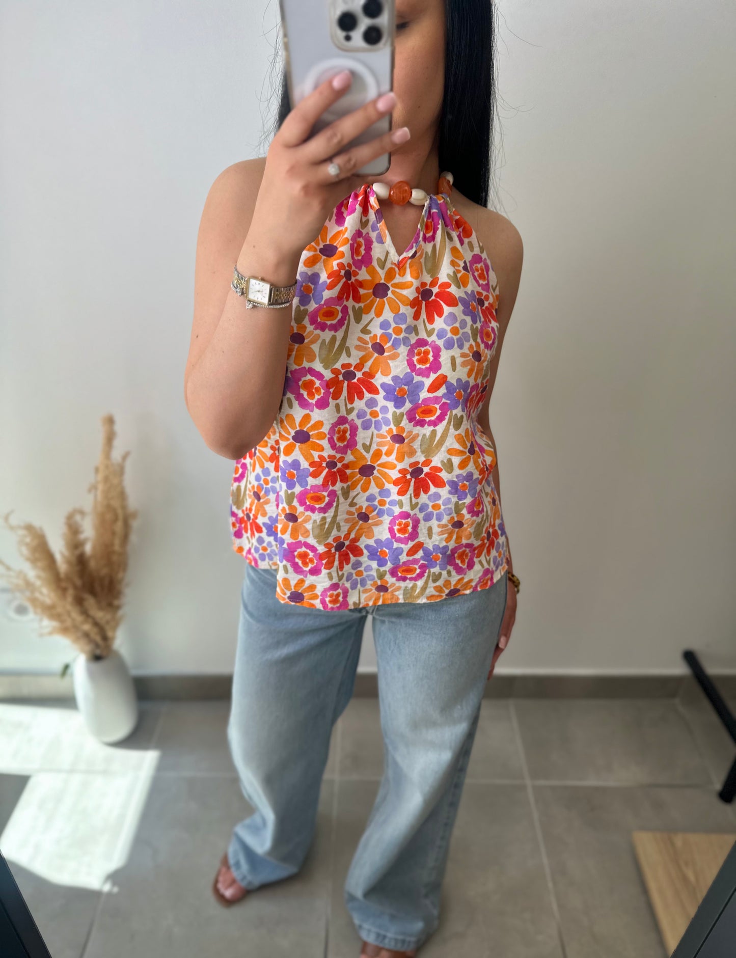 Blouse à motifs à perles attaché au cou
