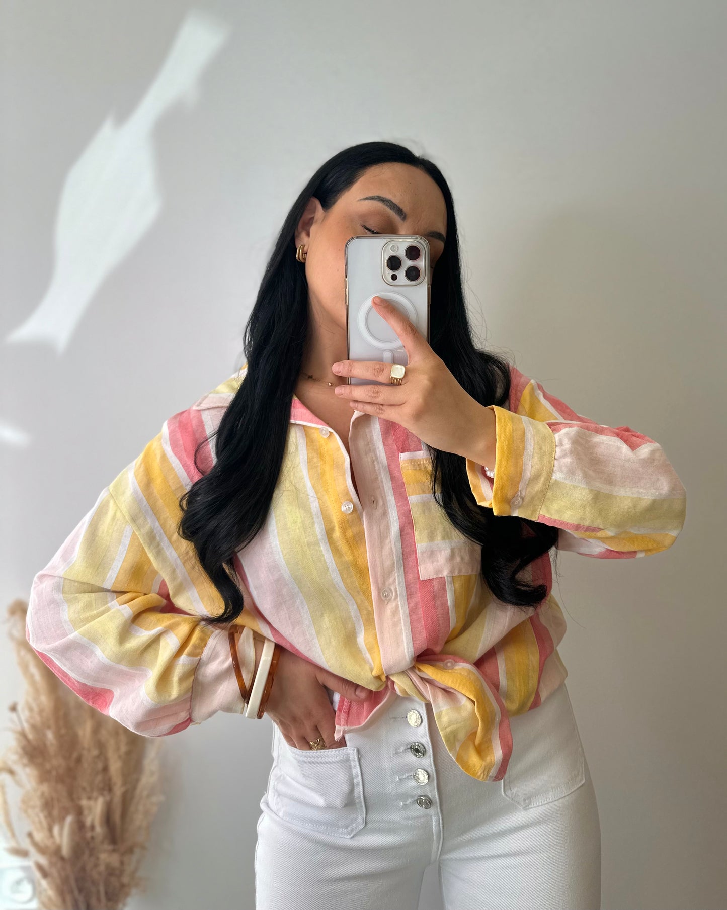 Chemise en coton à rayures colorés orange blanche et rose