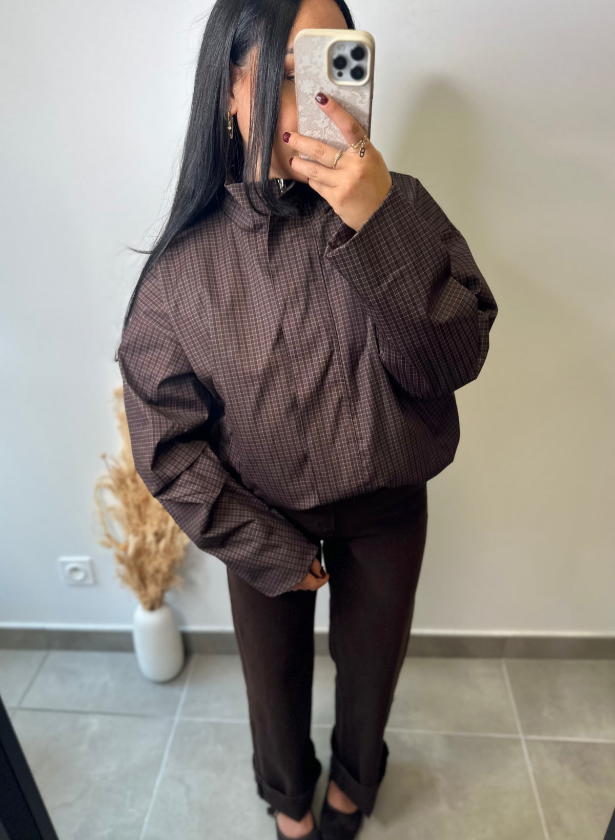 Veste à carreaux chocolat oversize