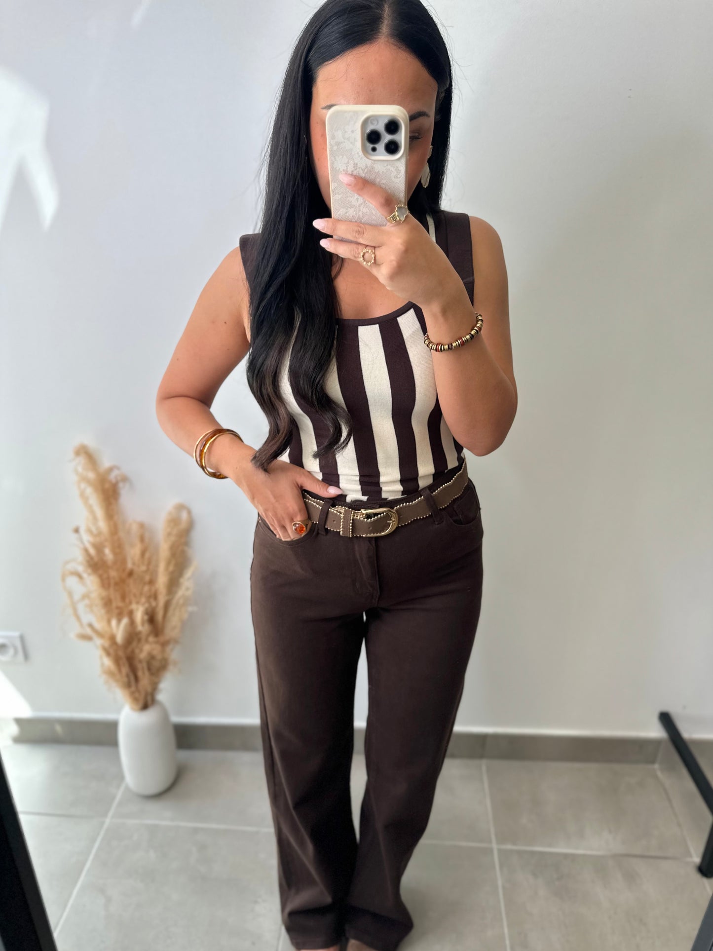 Top à volants à rayures marron et beige