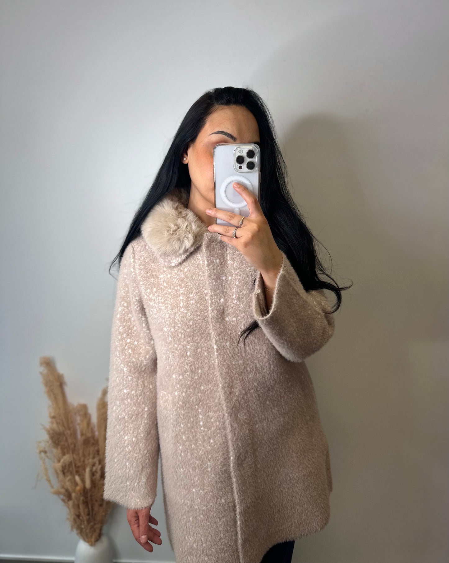 Manteau chiné col fourrure - COLINE