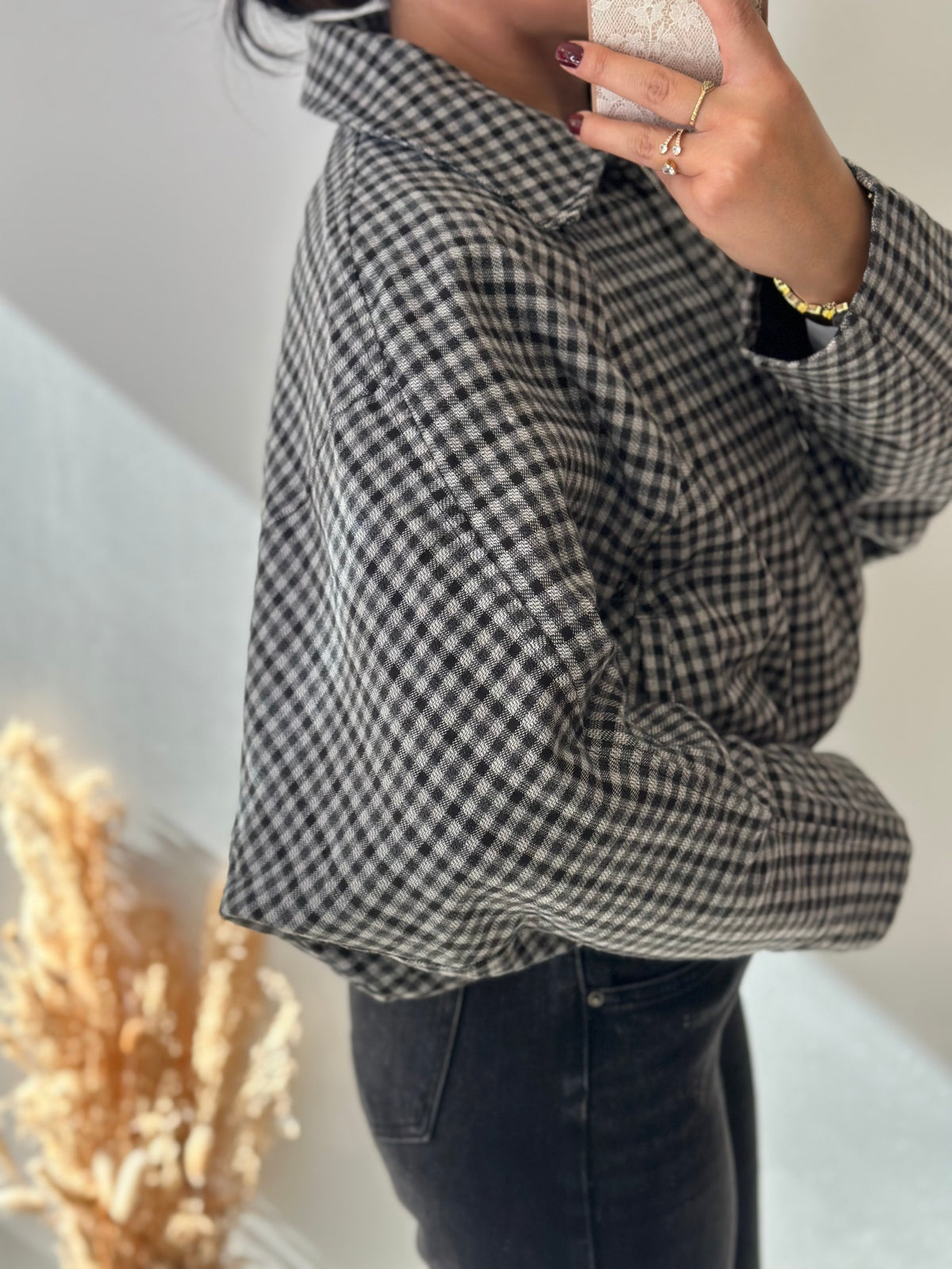 Veste à carreaux grise et noire chaude manches chauve-souris style bomber