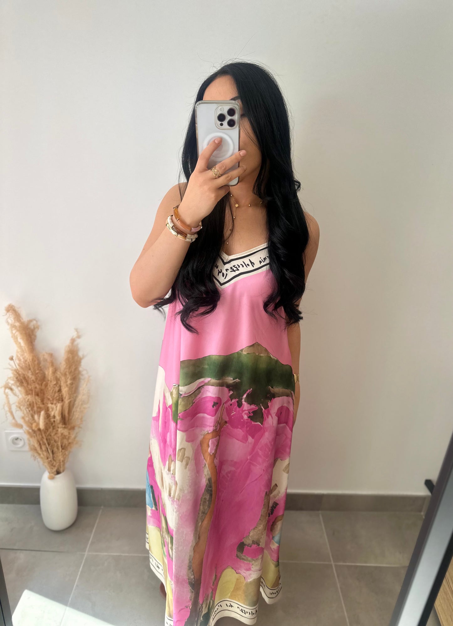 Robe bretelles en viscose motifs aquarelle rose