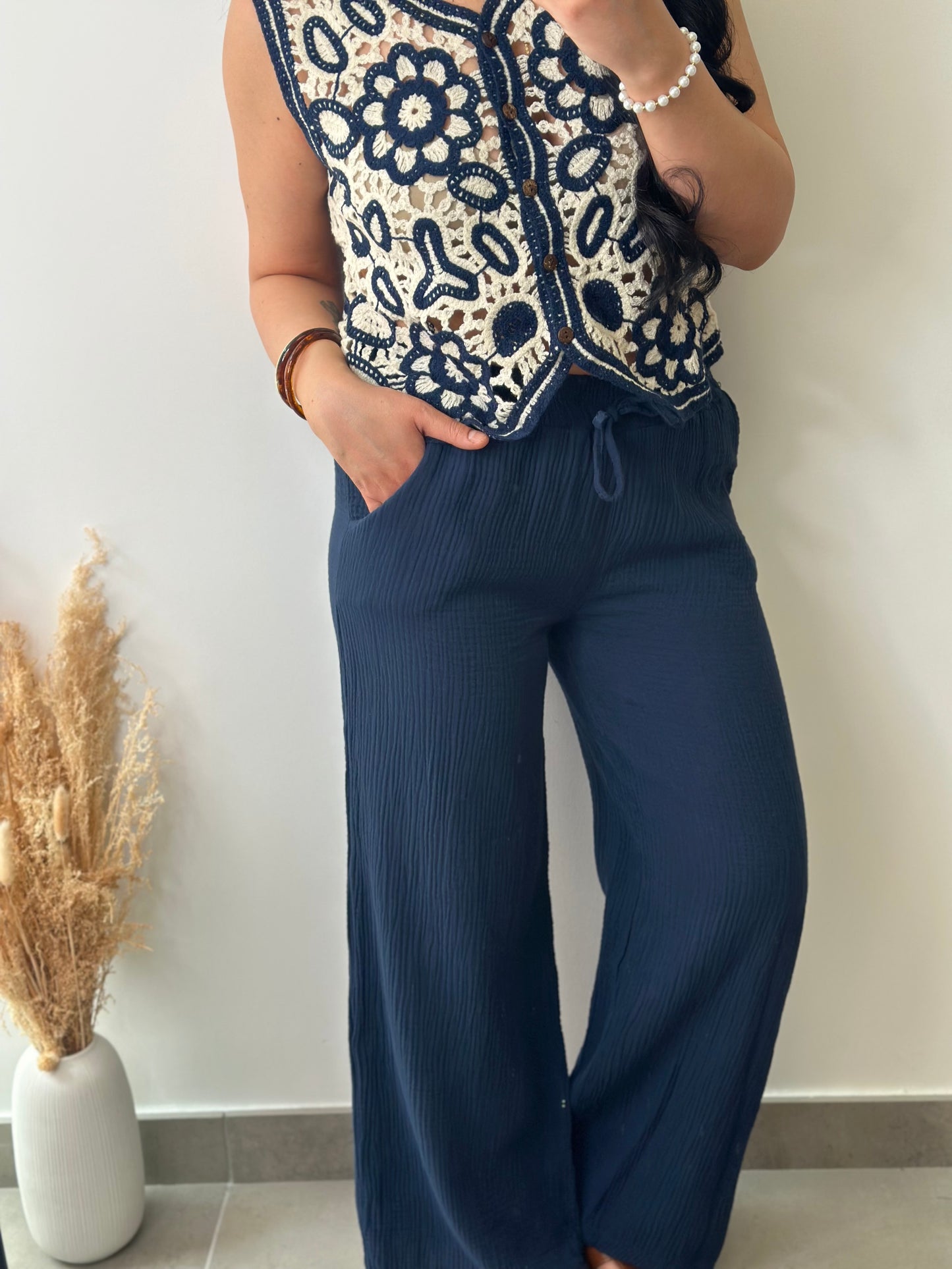 Top à crochets en coton bleu marine