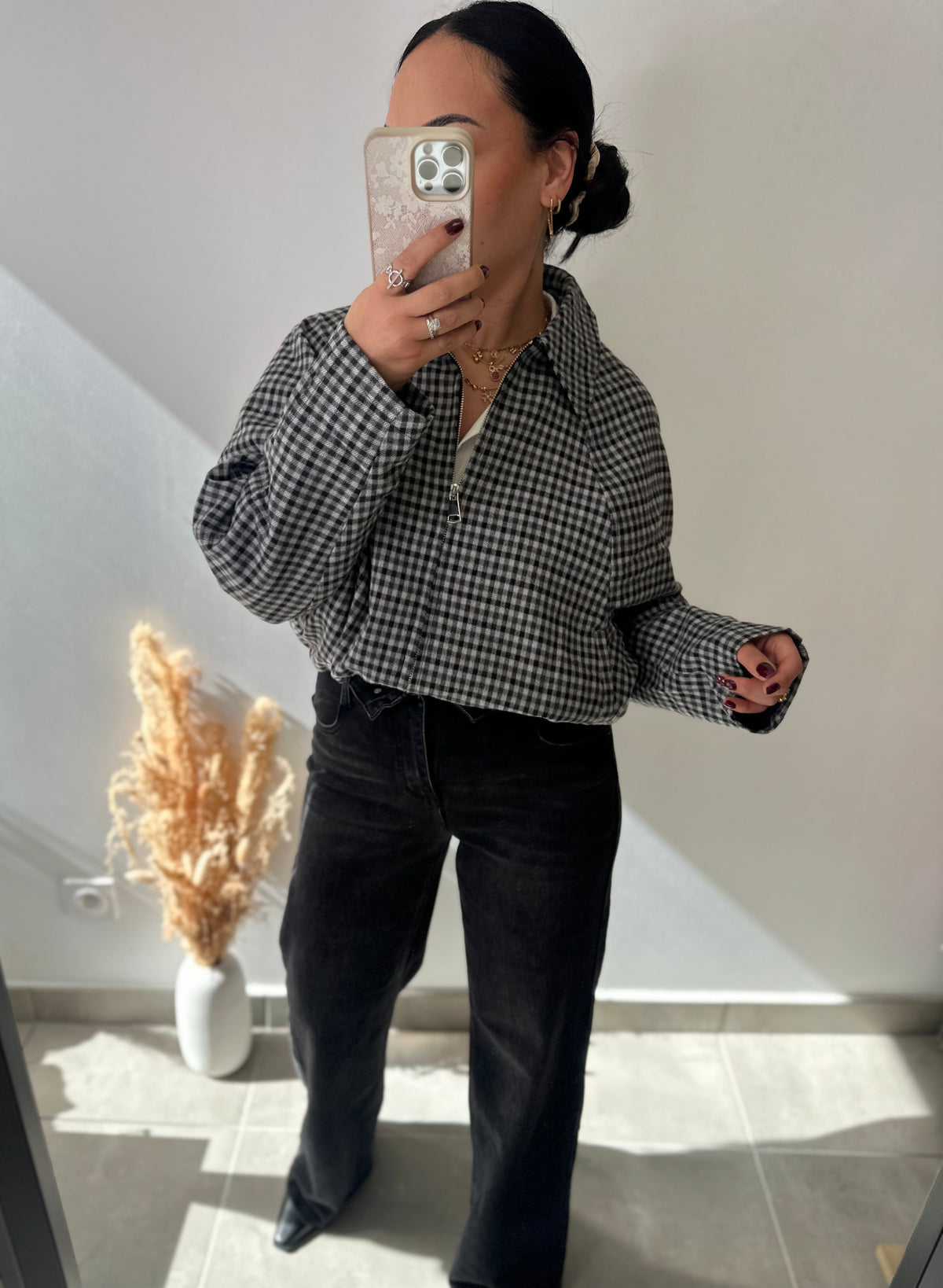 Veste à carreaux grise et noire chaude manches chauve-souris style bomber