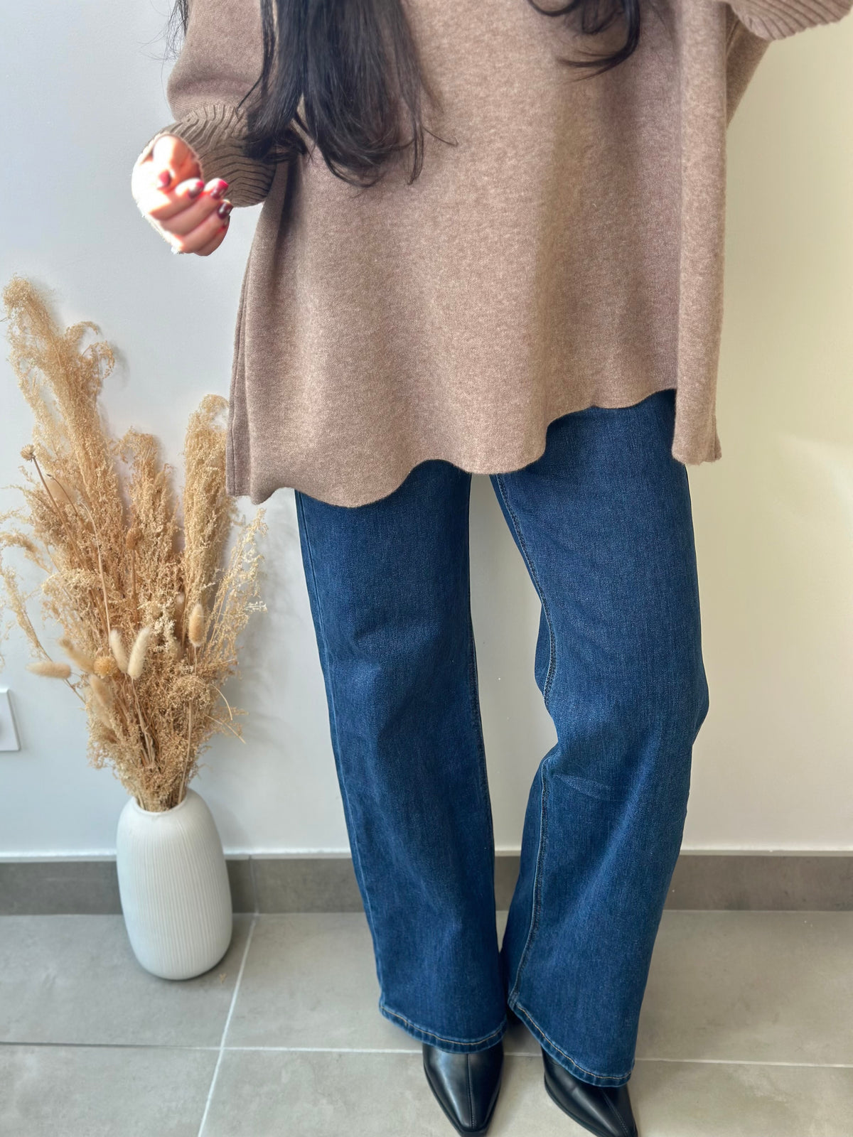 Pull col roulé en viscose mi long couleur taupe manches chauve-souris