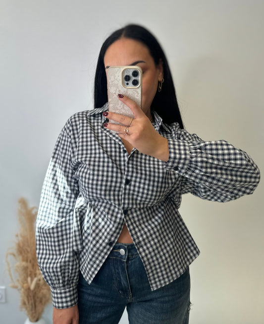 Chemise à carreaux bleu marine oversize avec cœur à l’arrière