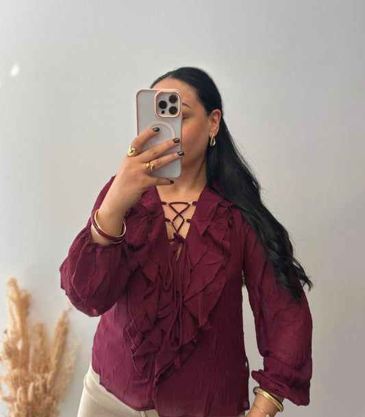 Burgundy voile shirt with laces - AMBRE