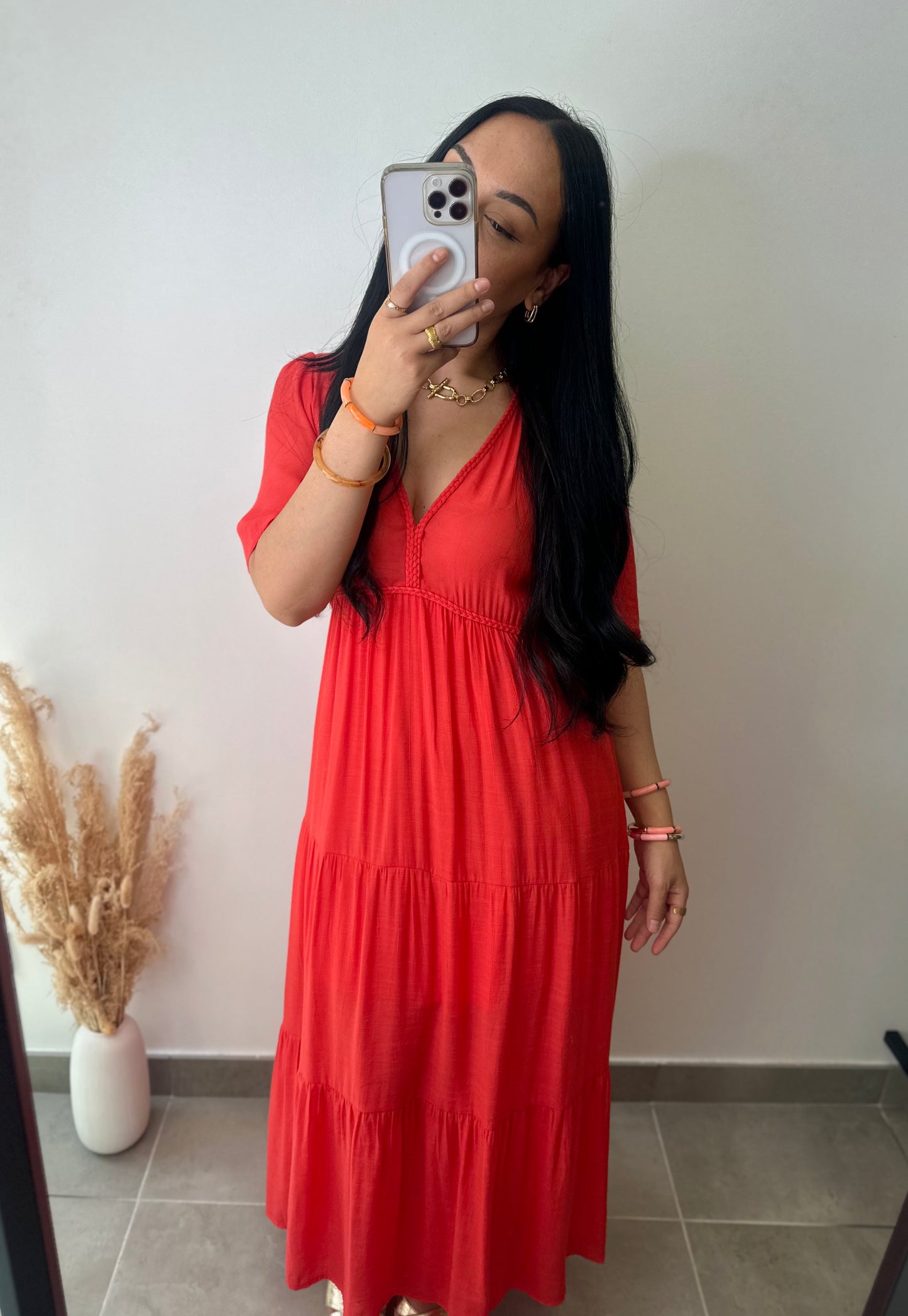 Robe fluide corail en viscose tressée