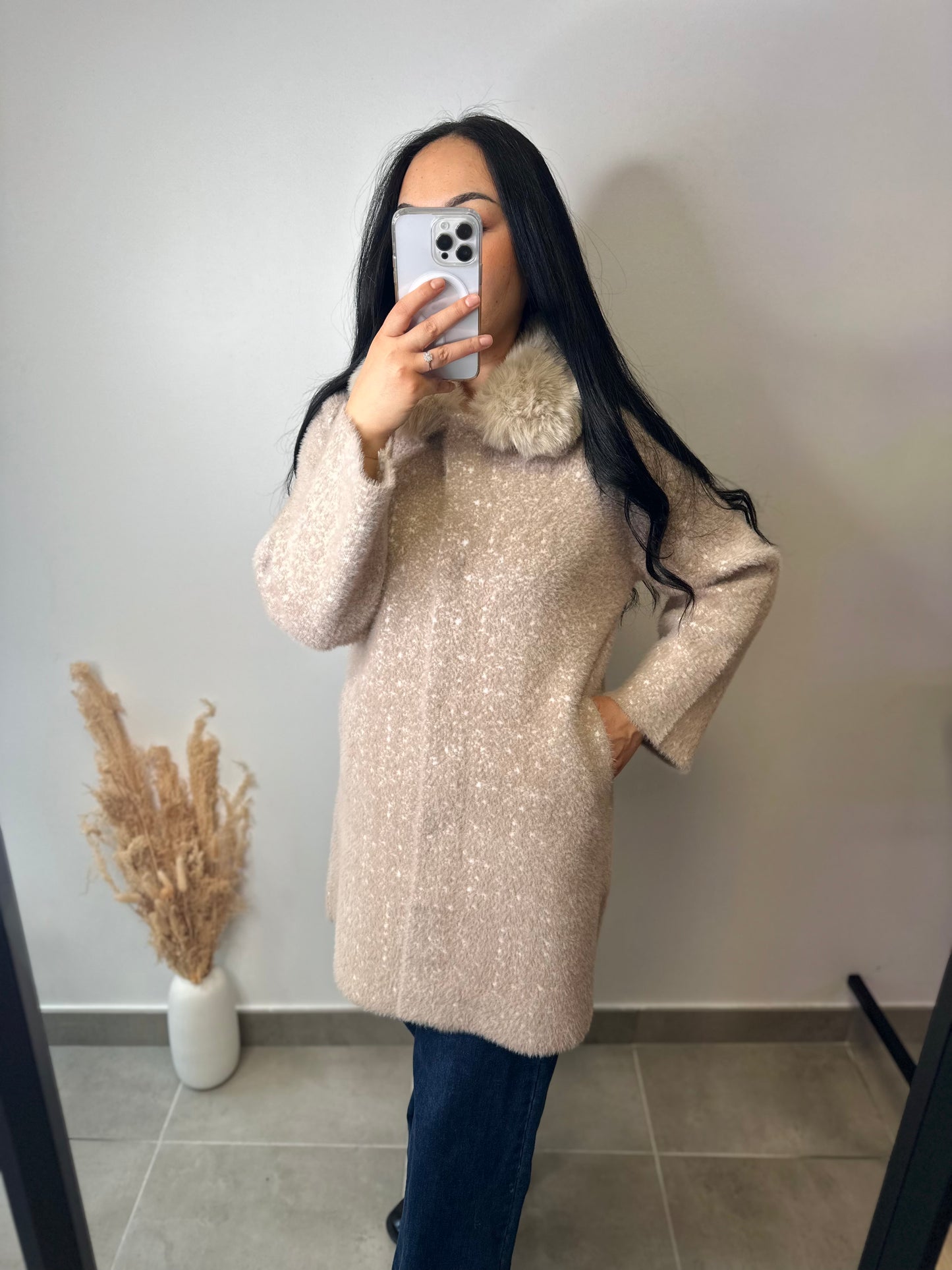 Manteau chiné col fourrure - COLINE