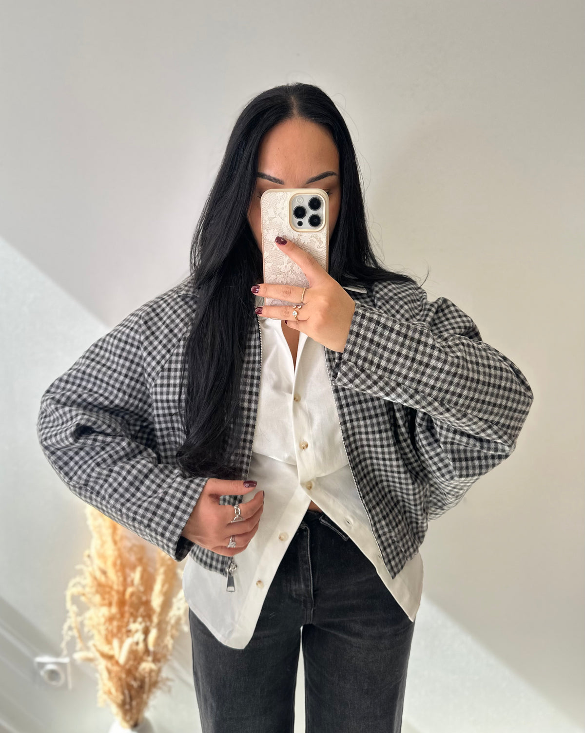 Veste à carreaux grise et noire chaude manches chauve-souris style bomber