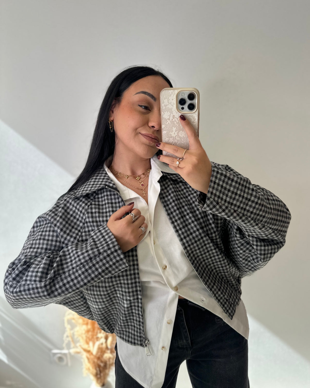 Veste à carreaux grise et noire chaude manches chauve-souris style bomber