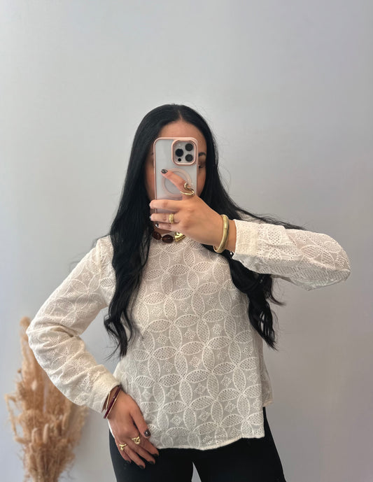 Beige openwork floral blouse - EMMA