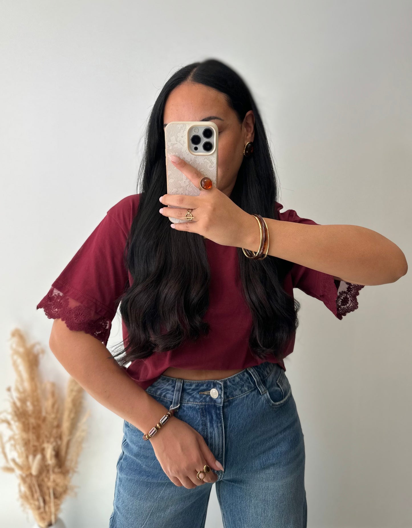 T-shirt prune à dentelle