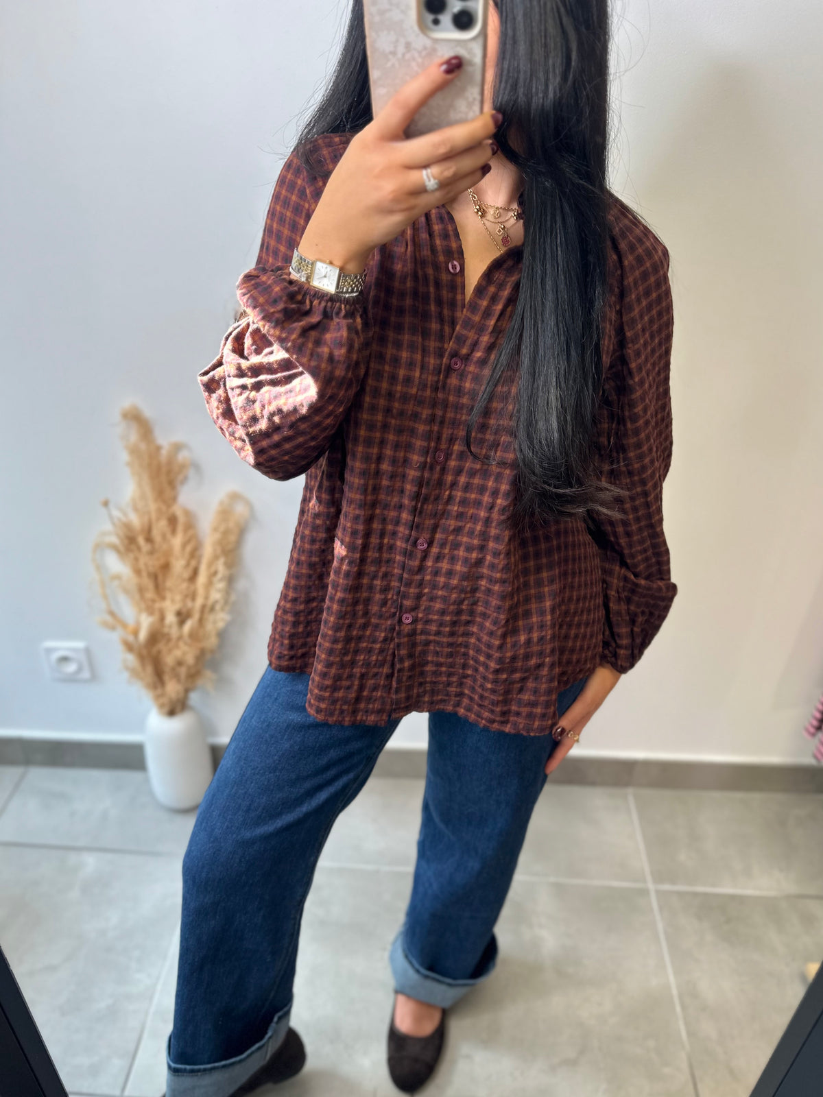 Chemise à carreaux bordeaux et chocolat col Mao