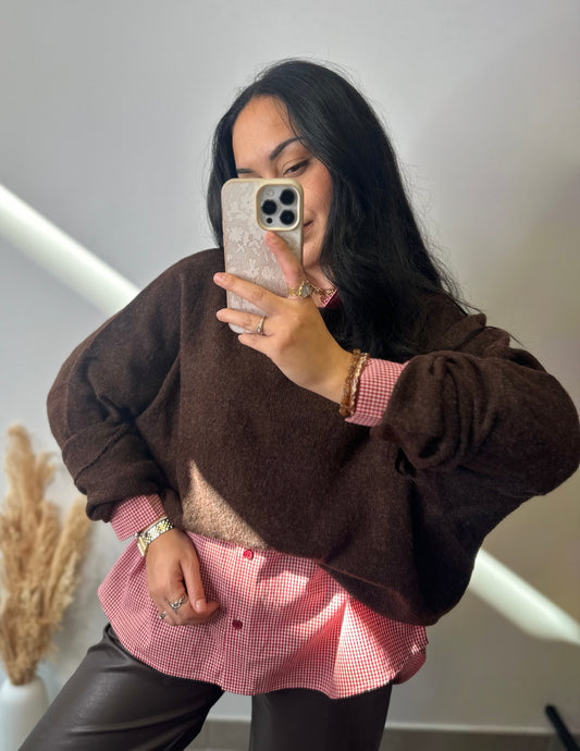 Pull col bateau oversize en maille duveteuse chocolat