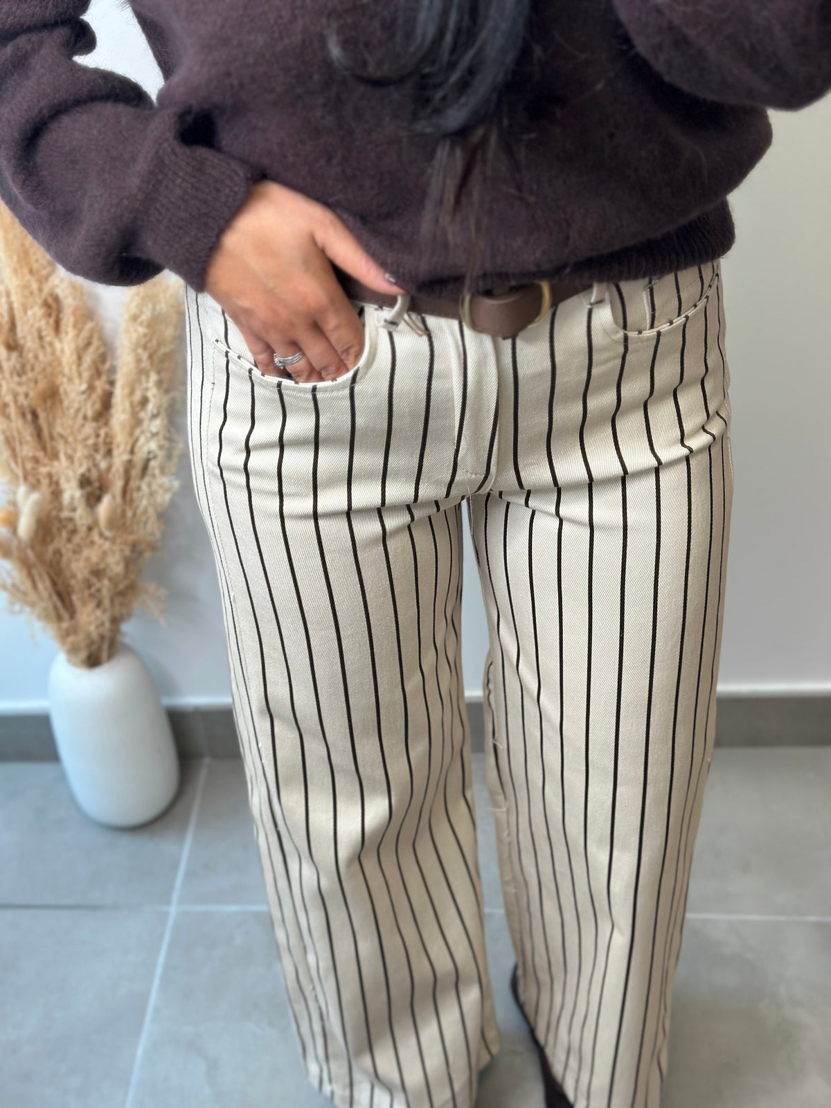 Pantalon à rayures crème et chocolat