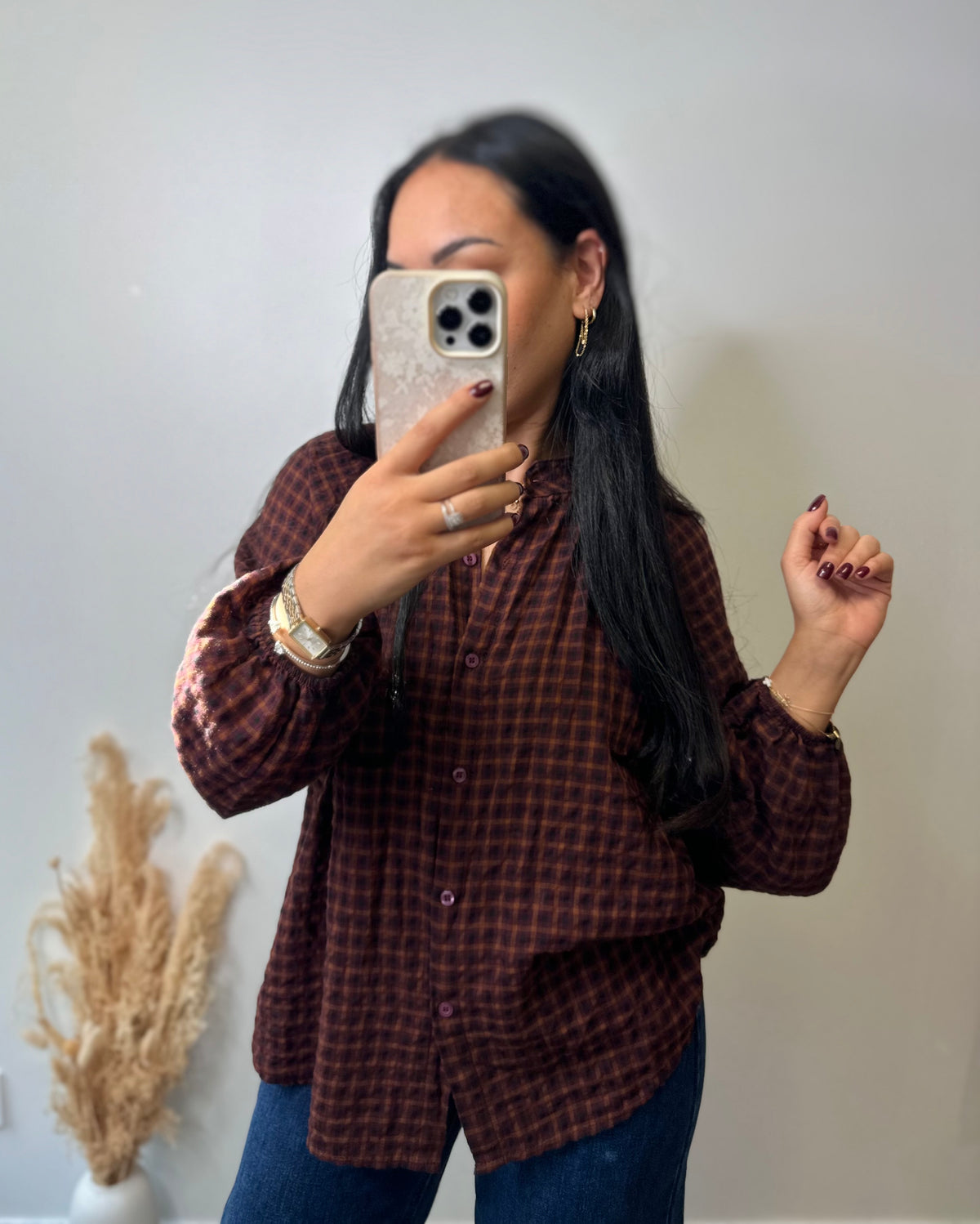 Chemise à carreaux bordeaux et chocolat col Mao