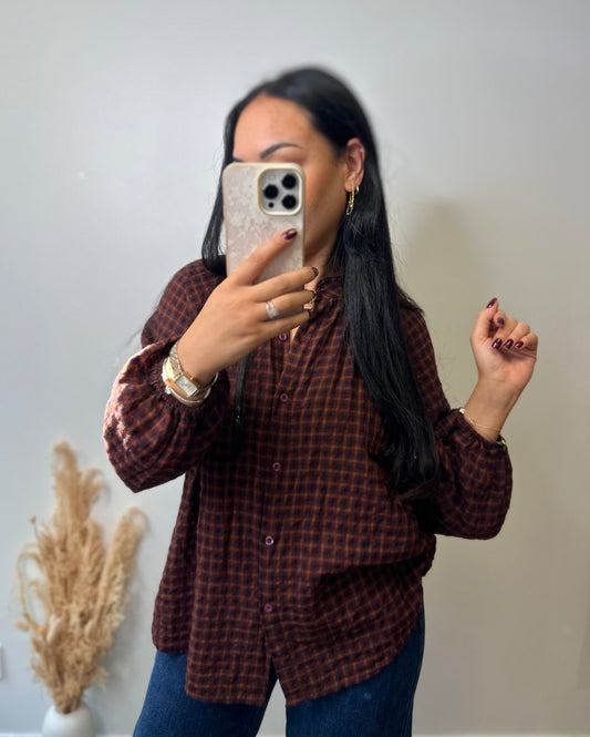 Chemise à carreaux bordeaux et chocolat col Mao
