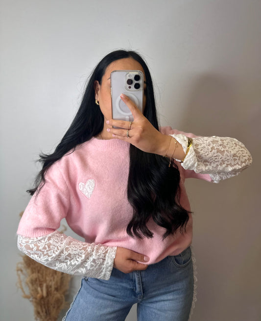 Pull rose manches dentelle - LOVE