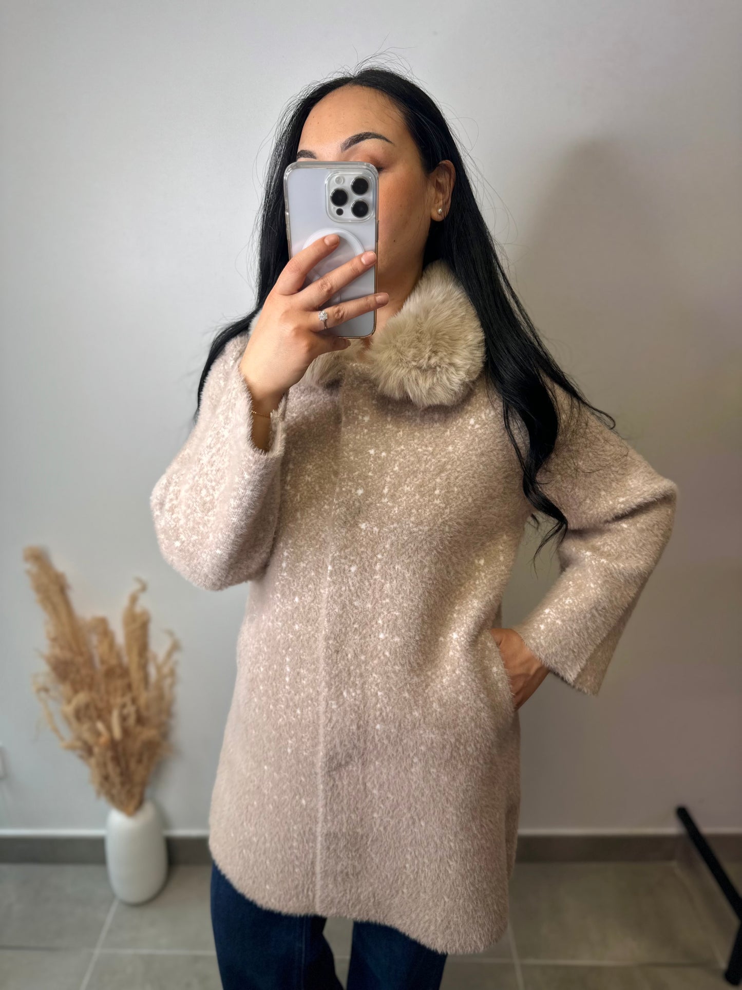 Manteau chiné col fourrure - COLINE