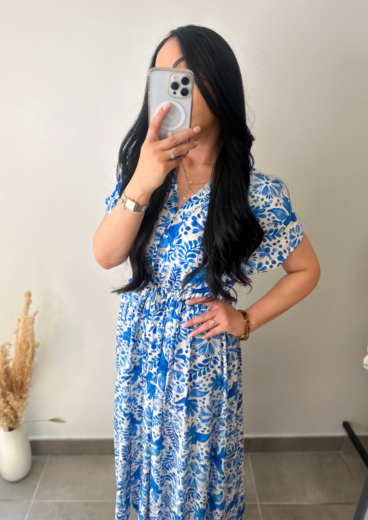 Robe longue bleu à motifs en viscose
