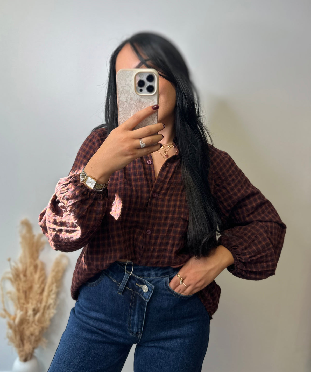 Chemise à carreaux bordeaux et chocolat col Mao