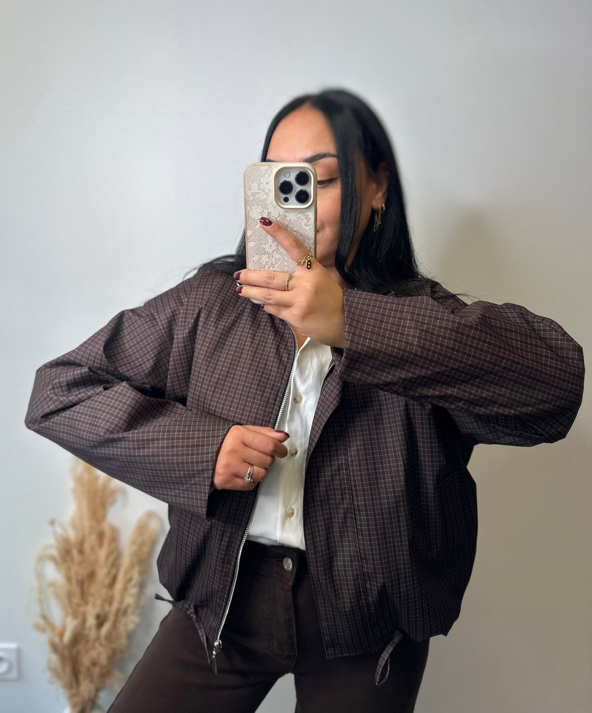 Veste à carreaux chocolat oversize