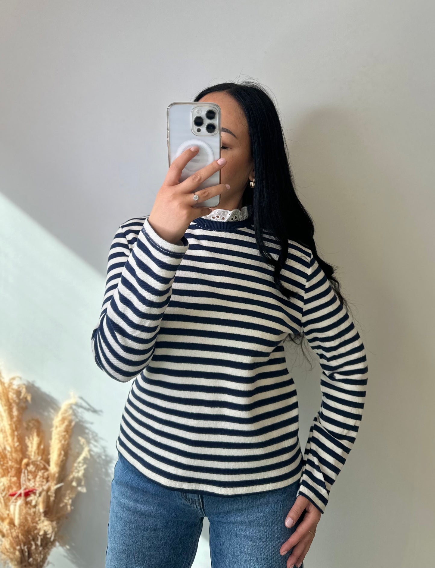 Pull fin marinière brodée au cou - MARINE